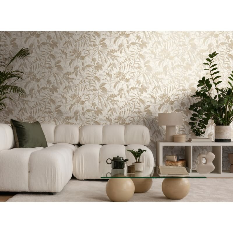 Blätter Tapete Beige Weiß Gold Metallic Pflanzen Vliestapete Dschungel (782032)