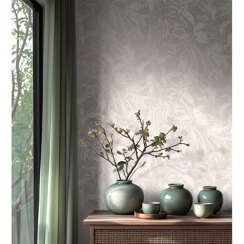 Dschungel Tapete Grau Weiß Pflanzen Blätter Natur Vliestapete (782033)