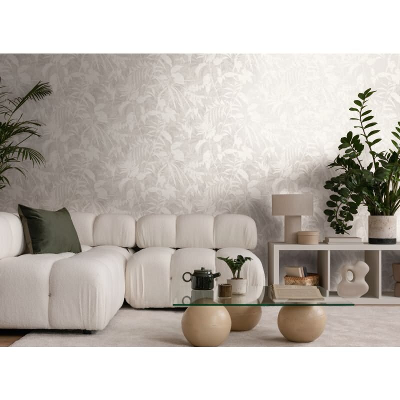 Dschungel Tapete Grau Weiß Pflanzen Blätter Natur Vliestapete (782033)