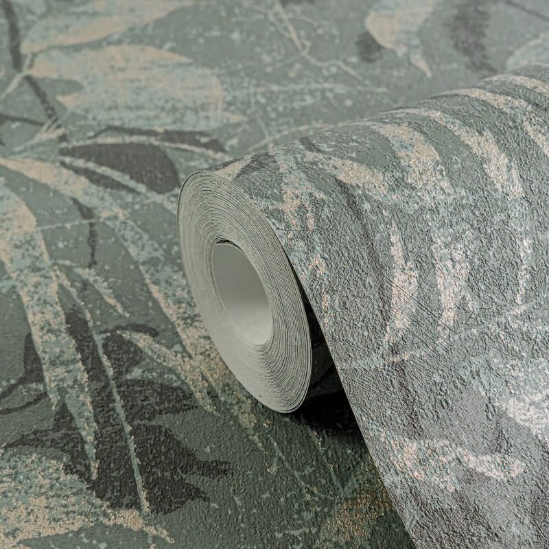 Dschungel Tapete Blau Grün Gold Metallic Pflanzen Blätter Vliestapete (782035)