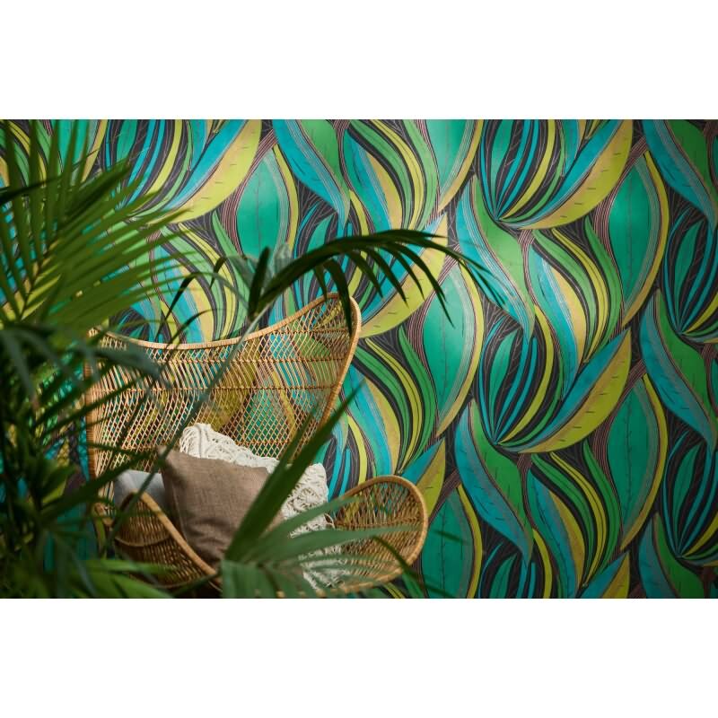 Dschungel Tapete Türkis Grün Gelb Metallic Moderne Blattmuster Vliestapete (786551)