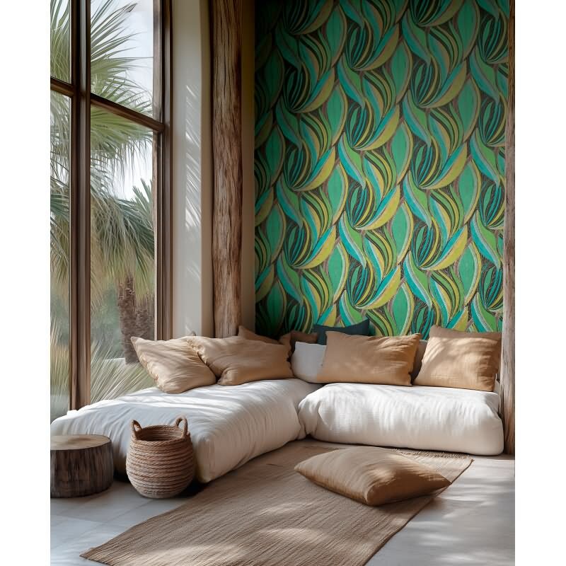 Dschungel Tapete Türkis Grün Gelb Metallic Moderne Blattmuster Vliestapete (786551)