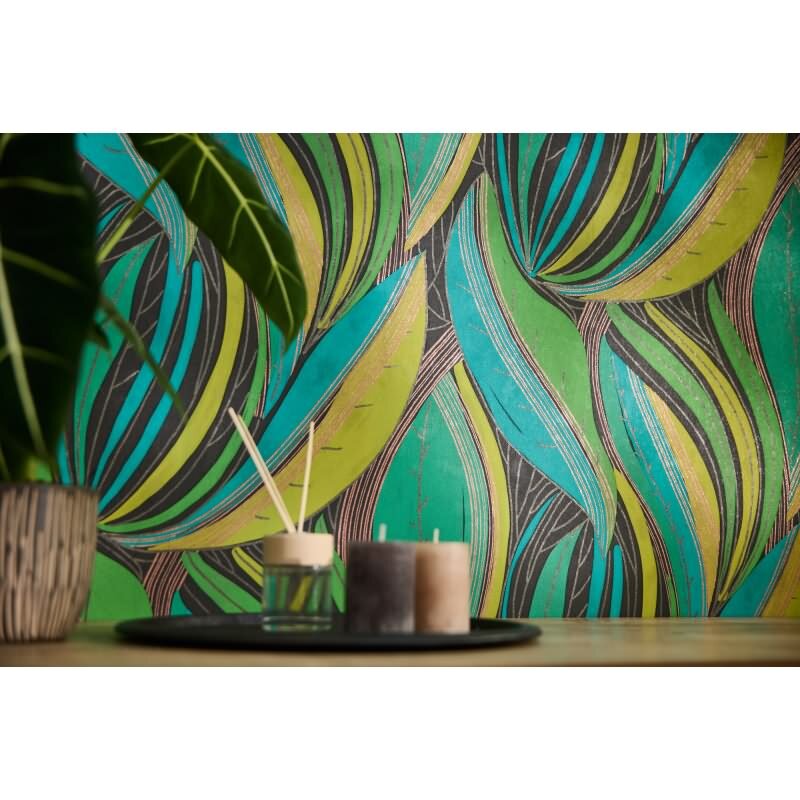Dschungel Tapete Türkis Grün Gelb Metallic Moderne Blattmuster Vliestapete (786551)
