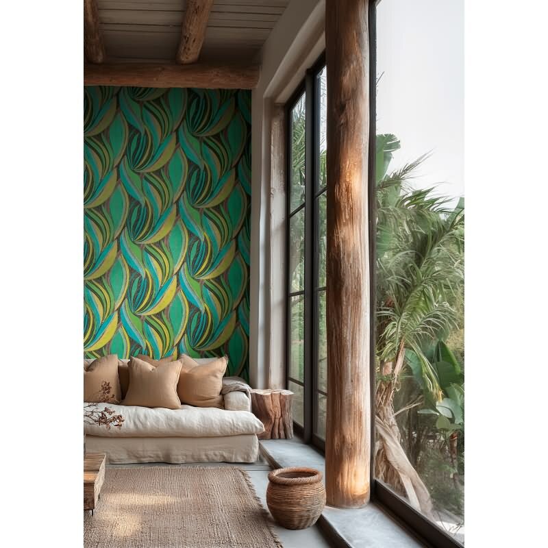 Dschungel Tapete Türkis Grün Gelb Metallic Moderne Blattmuster Vliestapete (786551)