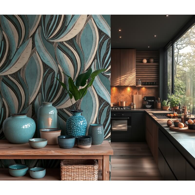 Moderne Dschungel Tapete Blau Petrol Weiß Metallic Moderne Blattoptik Vliestapete (786552)