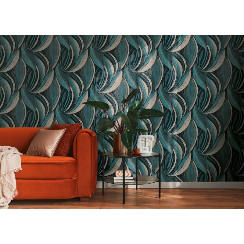 Moderne Dschungel Tapete Blau Petrol Weiß Metallic Moderne Blattoptik Vliestapete (786552)