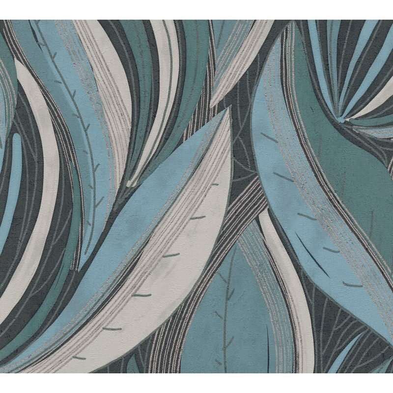 Moderne Dschungel Tapete Blau Petrol Weiß Metallic Moderne Blattoptik Vliestapete (786552)