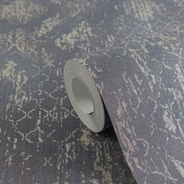 Barock-Tapete Royal Blau Silber Metallic Vliestapete mit Glanz Ornamenten (786724)