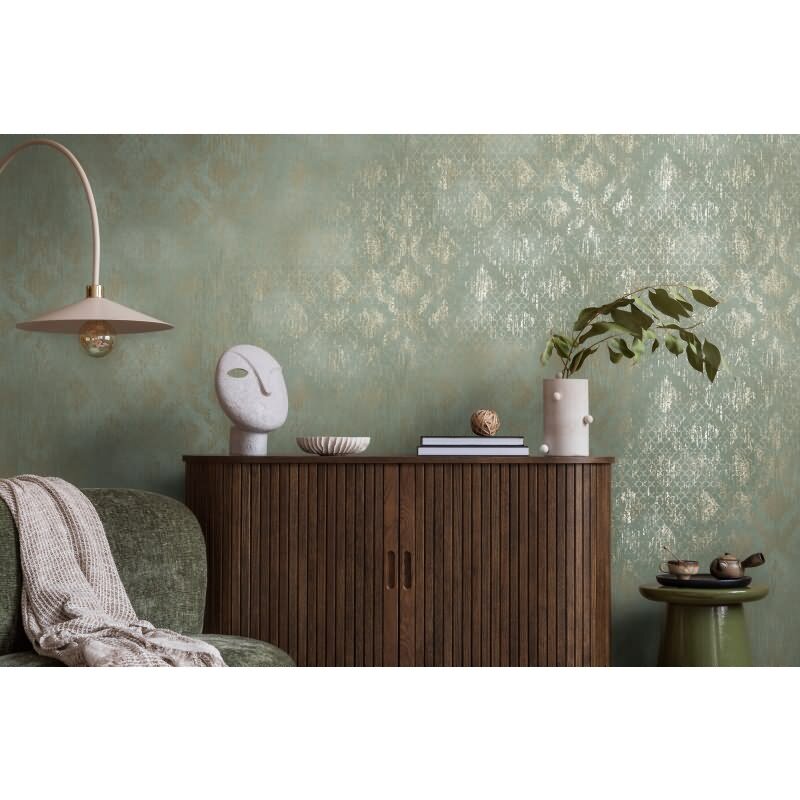 Ornament-Tapete Barock Mintgrün Gold Metallic Glänzende Vliestapete (786725)