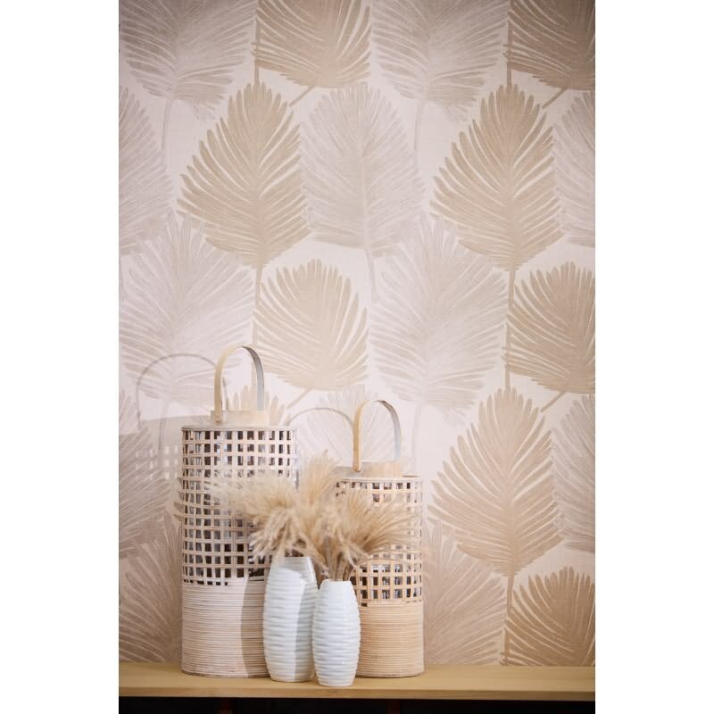Palmblatt Tapete Creme Beige Sand Metallic Tropisches Blättermotiv auf Vliestapete (786731)
