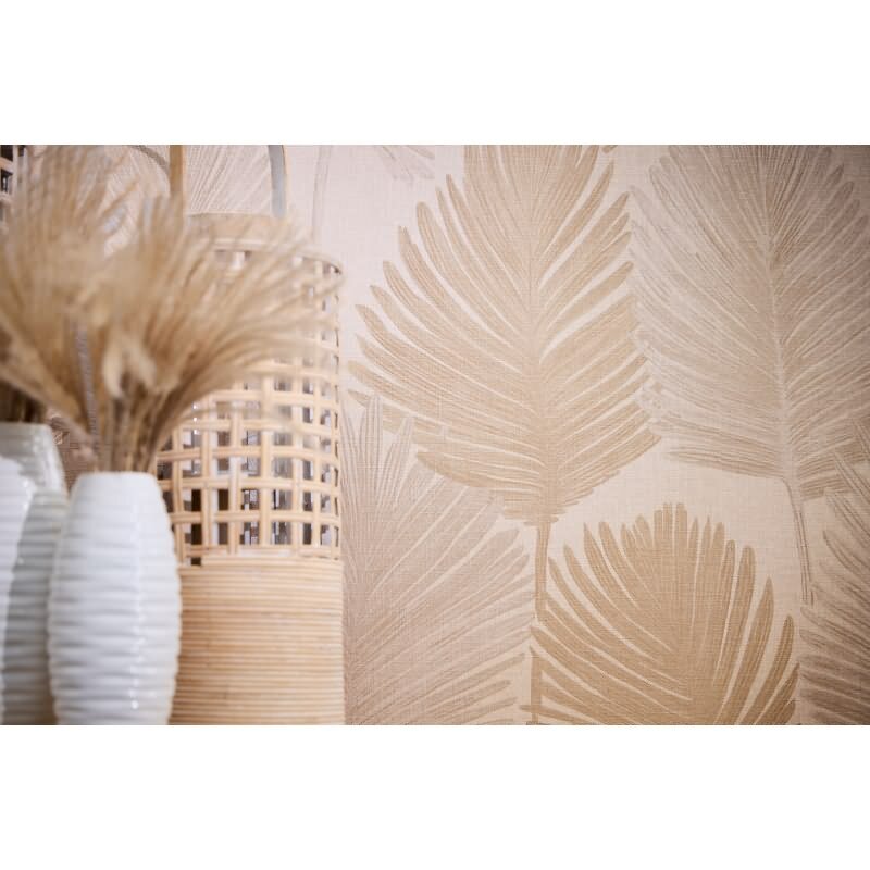 Palmblatt Tapete Creme Beige Sand Metallic Tropisches Blättermotiv auf Vliestapete (786731)