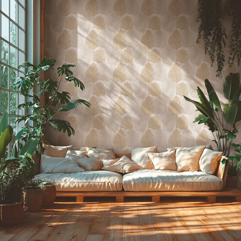 Palmblatt Tapete Creme Beige Sand Metallic Tropisches Blättermotiv auf Vliestapete (786731)