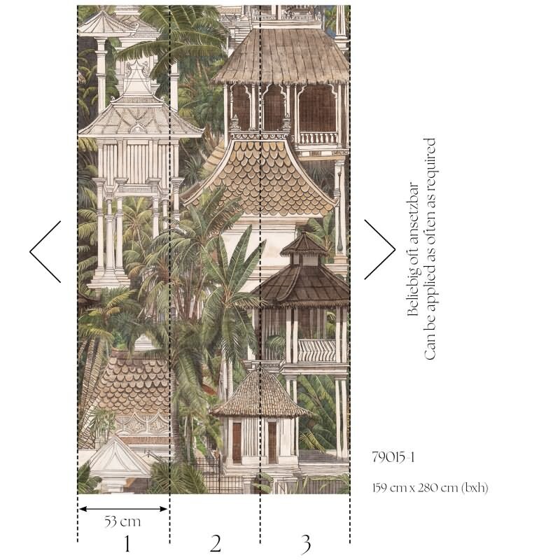 Fototapete asiatische Architektur mit Palmen Exotisches Vliestapete Braun Grün (790151)