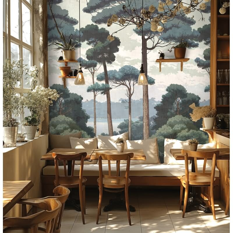 Fototapete Waldlandschaft Grün Creme Naturtapete Bäume Vliestapete (790156)