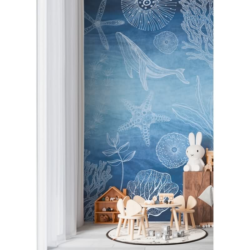 Kinderzimmer Fototapete Meereswelt Blau Weiß Vliestapete mit Wal (770601)