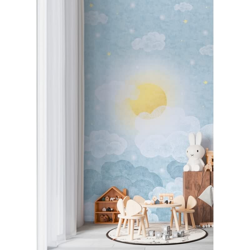 Fototapete Wolkenhimmel Hellblau Gelb Kinderzimmer Tapete mit Sonne (770641)