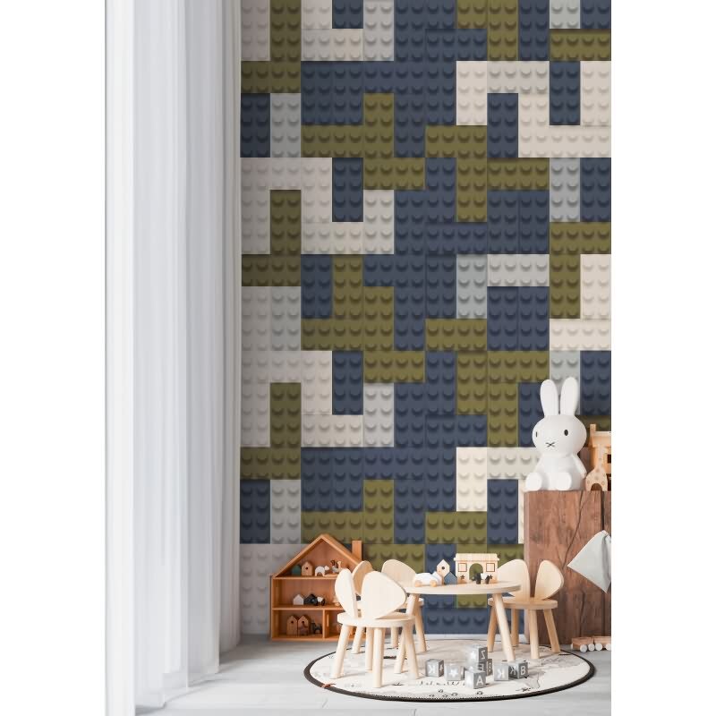 Fototapete Baustein-Muster Grau Blau Grün Kinderzimmer Tapete Klemmbausteine (770651)