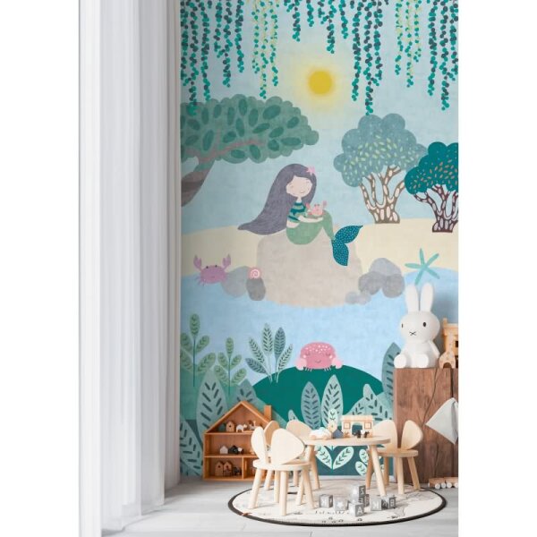 Meerjungfrau Tapete für Kinderzimmer Blau Grün Märchenhafte Fototapete Mädchenzimmer (770671)