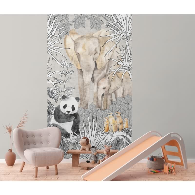 Tierwelt Fototapete Safari Grau Bunt Dschungeltiere Panda Elefant Erdmännchen Vliestapete (770701)