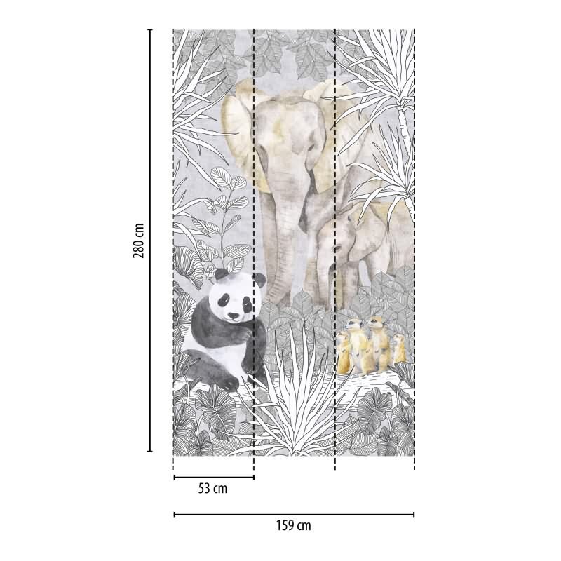 Tierwelt Fototapete Safari Grau Bunt Dschungeltiere Panda Elefant Erdmännchen Vliestapete (770701)