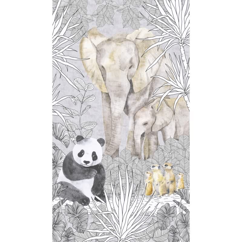 Tierwelt Fototapete Safari Grau Bunt Dschungeltiere Panda Elefant Erdmännchen Vliestapete (770701)