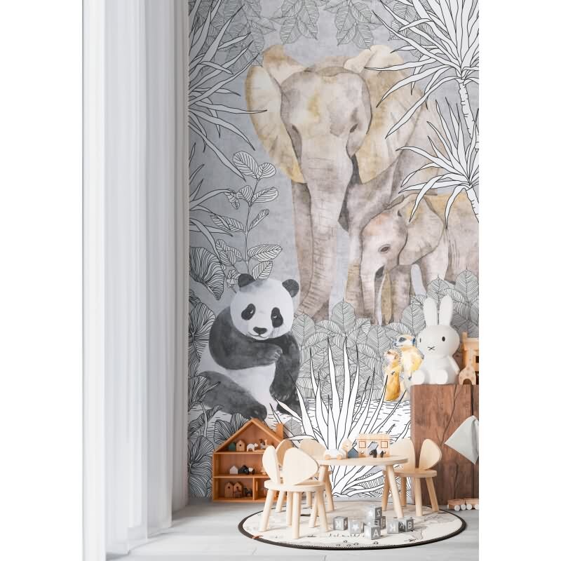 Tierwelt Fototapete Safari Grau Bunt Dschungeltiere Panda Elefant Erdmännchen Vliestapete (770701)