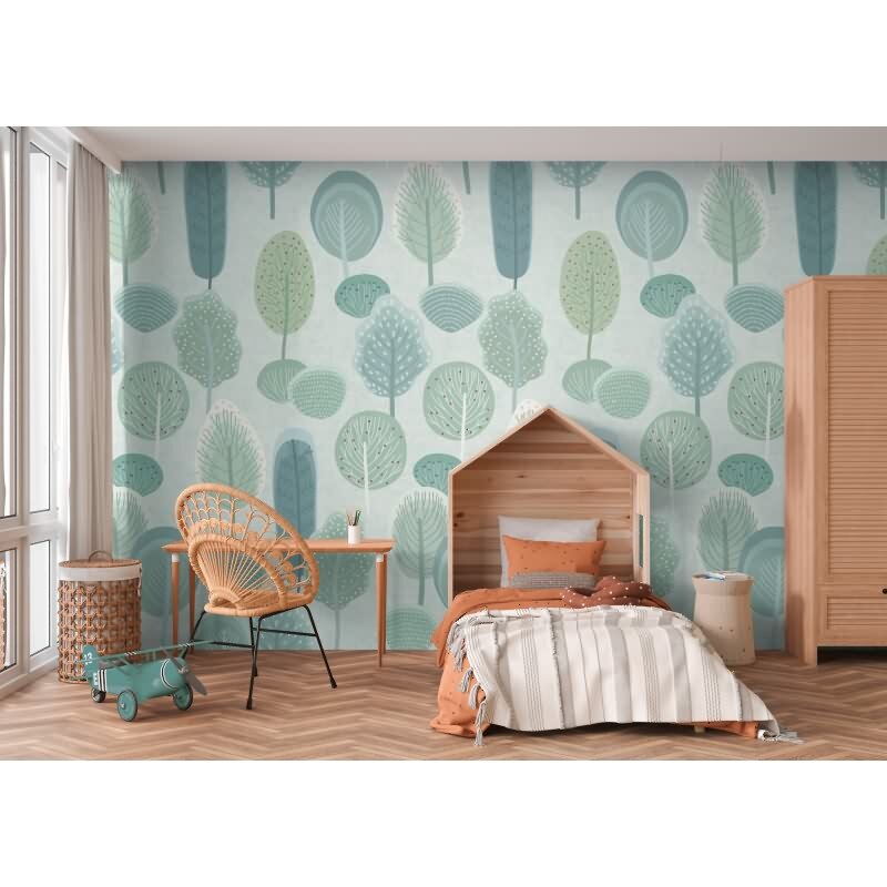 Wald Fototapete in Pastelloptik Grün Blau KinderzimmerTapete Bäume Vliestapete (770711)