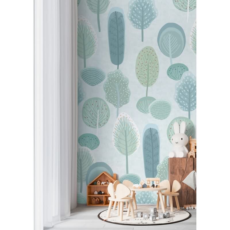 Wald Fototapete in Pastelloptik Grün Blau KinderzimmerTapete Bäume Vliestapete (770711)
