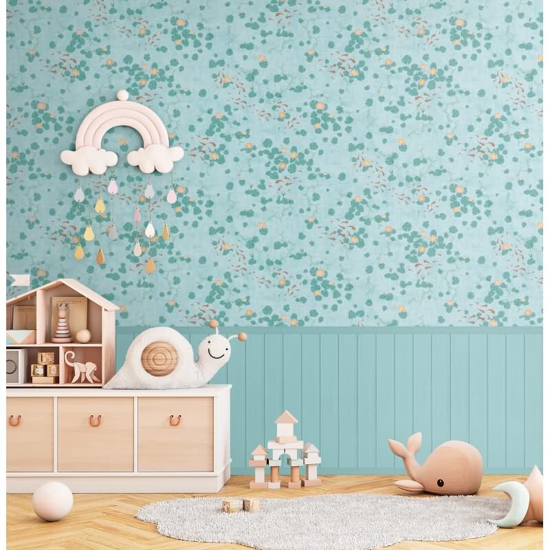 Fototapete Seerosen Blau Grün Wasserpflanzen mit Holzpaneel Vliestapete (770731)