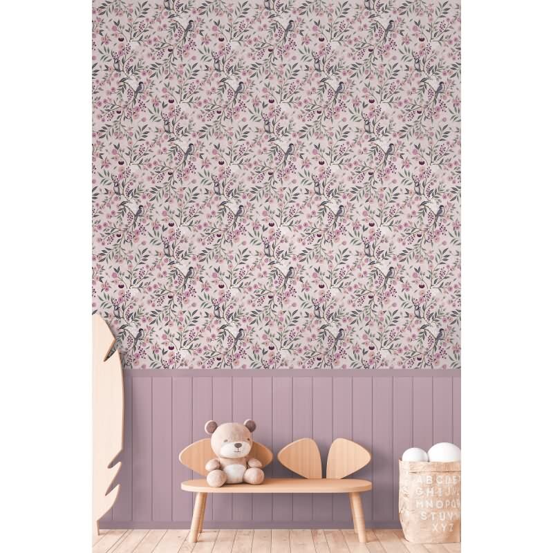 Fototapete Vögel Zweige Rosa florales Muster mit Holzpaneel Landhaus Vliestapete (770741)