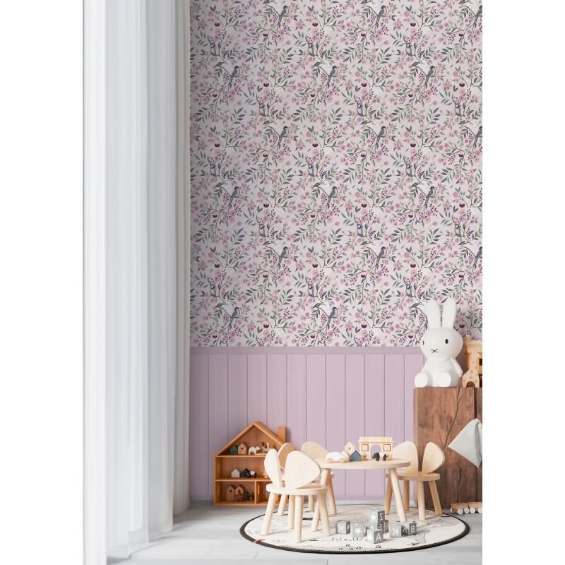 Fototapete Vögel Zweige Rosa florales Muster mit Holzpaneel Landhaus Vliestapete (770741)