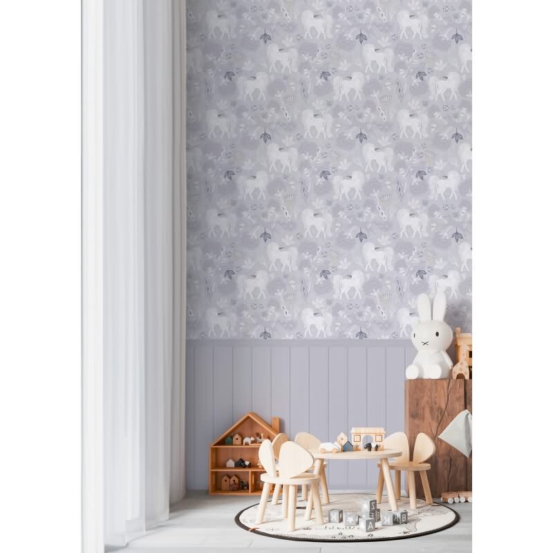 Einhorn Fototapete Grau Vliestapete mit Holzpaneel Märchenhafte Tapete für Kinderzimmer (770761)