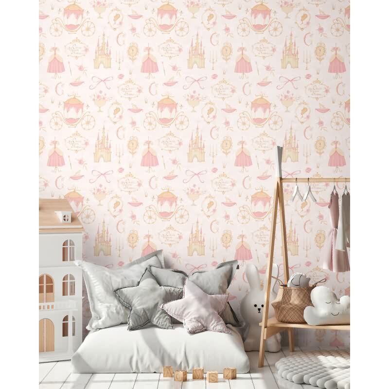 PrinzessinnenTapete Rosa Beige Kindertapete mit Schloss Kutsche Vliestapete (771301)