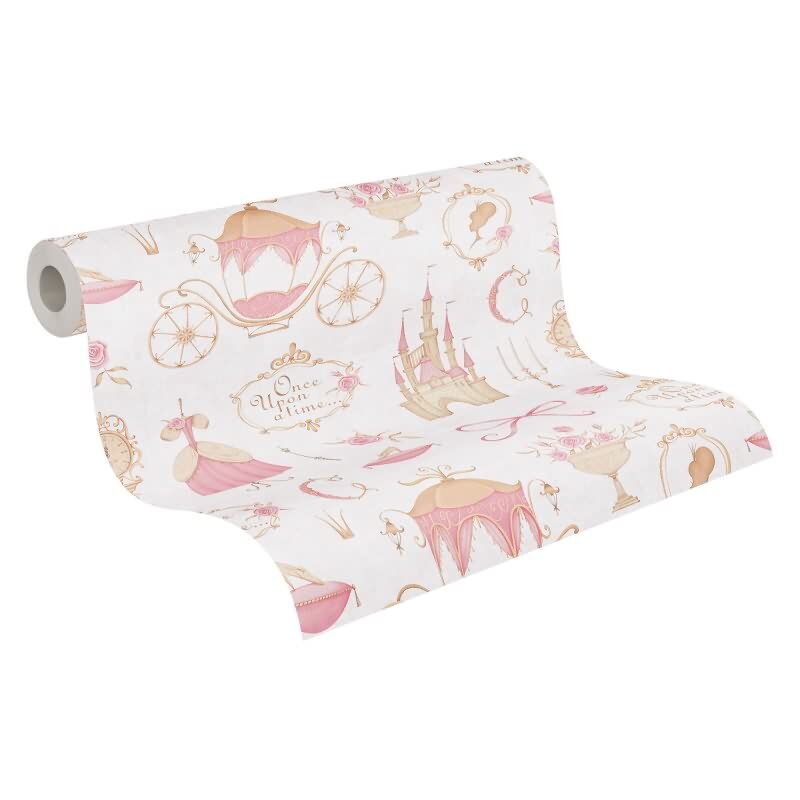 PrinzessinnenTapete Rosa Beige Kindertapete mit Schloss Kutsche Vliestapete (771301)