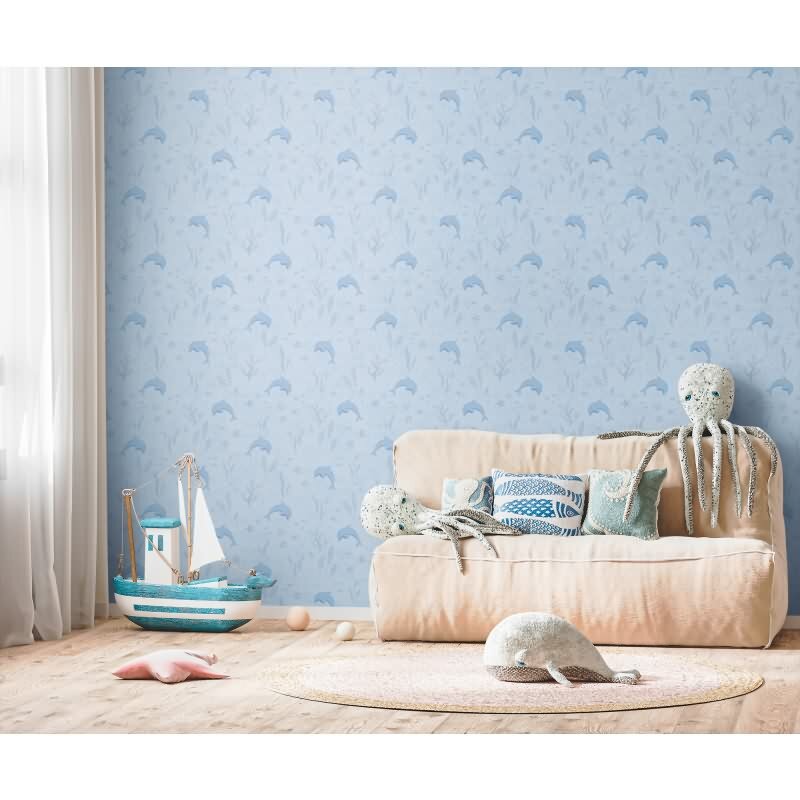DelfinTapete Hellblau Kindertapete mit Meeresmotiven Unterwasser Vliestapete Kinderzimmer (771321)