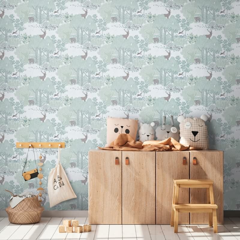 Wald-Tapete mit Tieren Grün Grau Kindertapete mit Bär Hirsch Natur Vliestapete Waldtiere Kinderzimmer (771331)