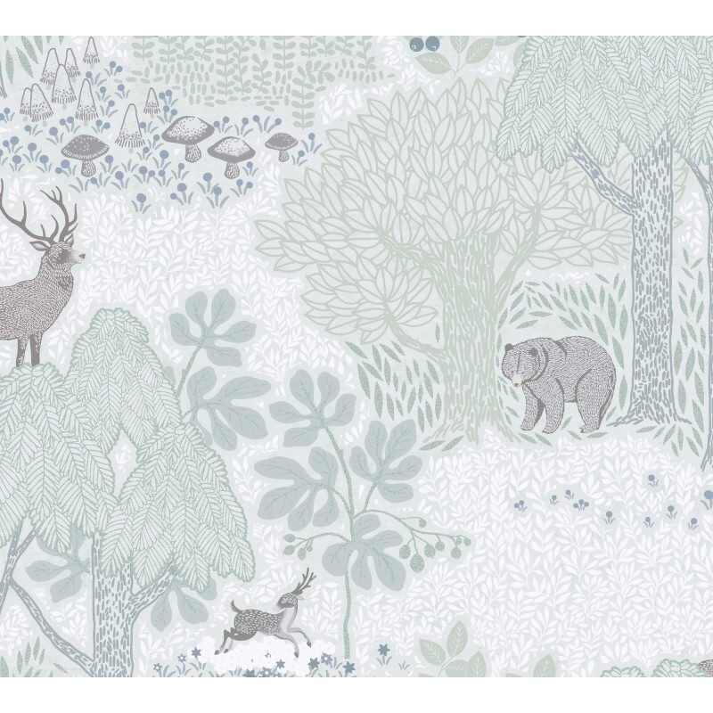 Wald-Tapete mit Tieren Grün Grau Kindertapete mit Bär Hirsch Natur Vliestapete Waldtiere Kinderzimmer (771331)