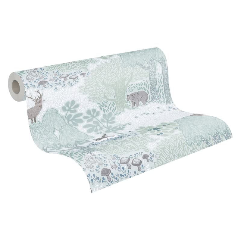 Wald-Tapete mit Tieren Grün Grau Kindertapete mit Bär Hirsch Natur Vliestapete Waldtiere Kinderzimmer (771331)