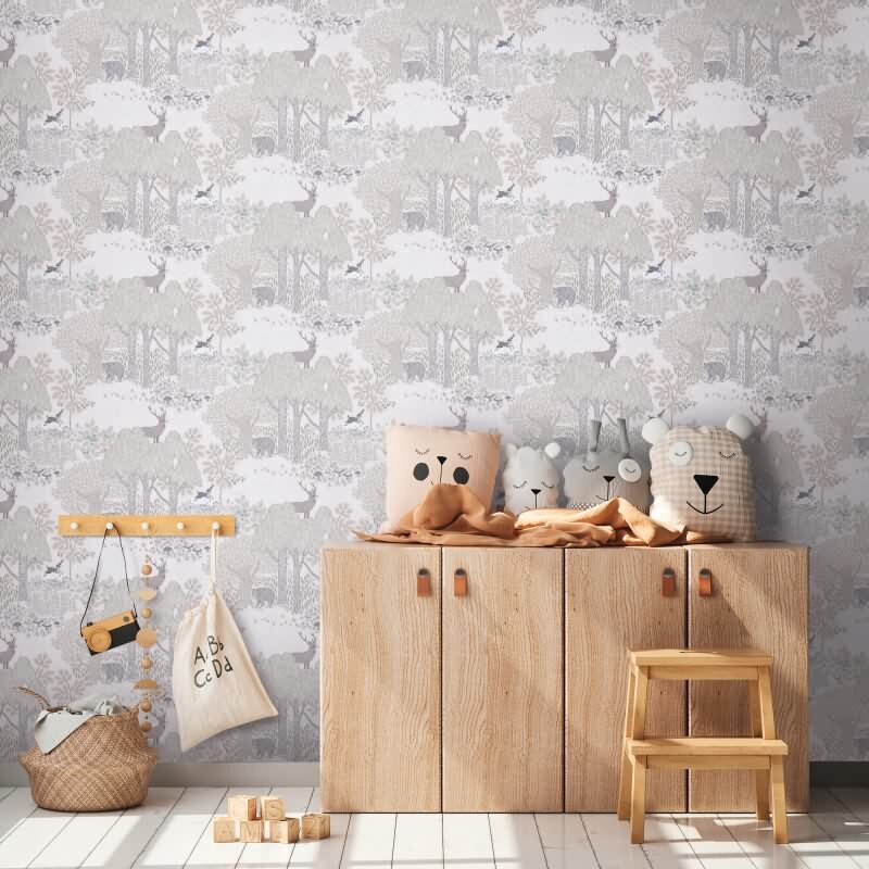 Tapete Wald mit Tieren Beige Grau Kindertapete mit Bär Hirsch Vliestapete Kinderzimmer Jungen (771332)
