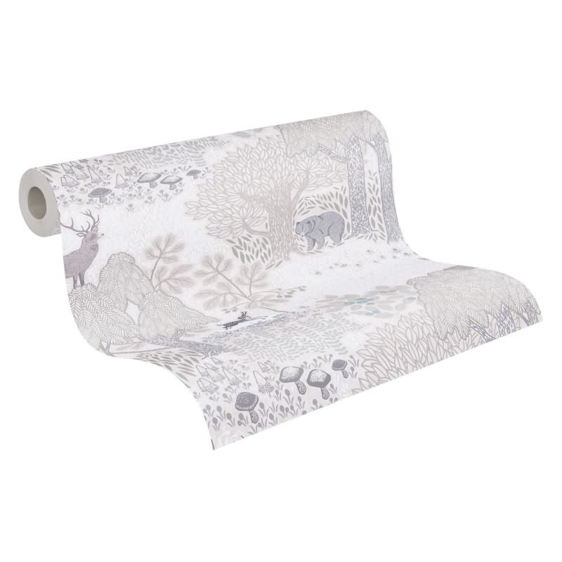 Tapete Wald mit Tieren Beige Grau Kindertapete mit Bär Hirsch Vliestapete Kinderzimmer Jungen (771332)