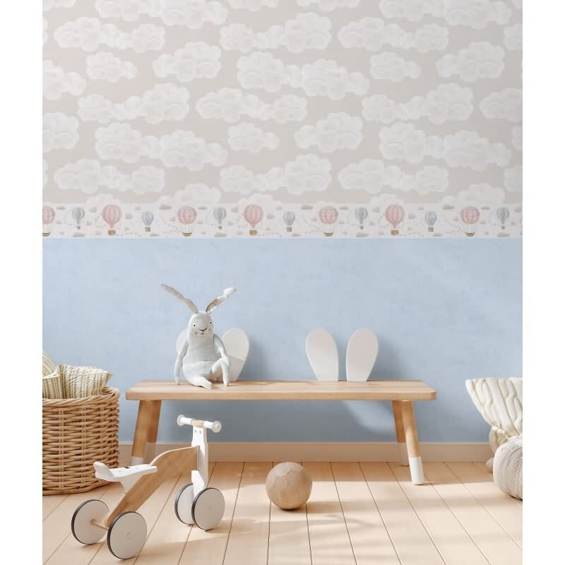 Heißluftballon Borte Rosa Blau Beige Kinderzimmer Vlies-Bordüre mit Wimpeln (771351)