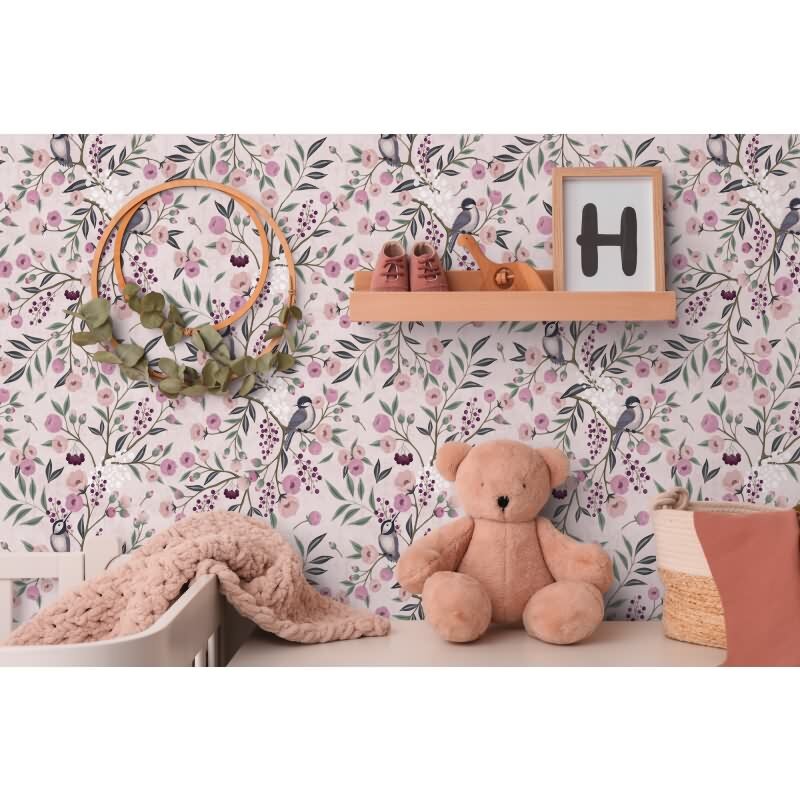 Florale Mustertapete Rosa Violett Vögel und Blüten Landhaus Kinderzimmer Vliestapete (771361)
