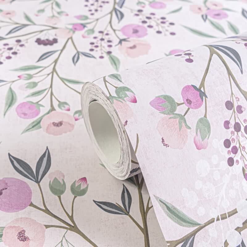 Florale Mustertapete Rosa Violett Vögel und Blüten Landhaus Kinderzimmer Vliestapete (771361)