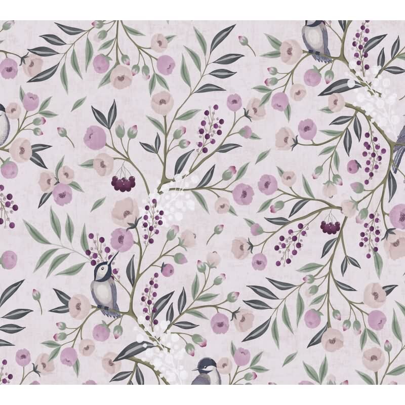 Florale Mustertapete Rosa Violett Vögel und Blüten Landhaus Kinderzimmer Vliestapete (771361)