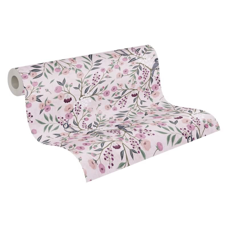 Florale Mustertapete Rosa Violett Vögel und Blüten Landhaus Kinderzimmer Vliestapete (771361)
