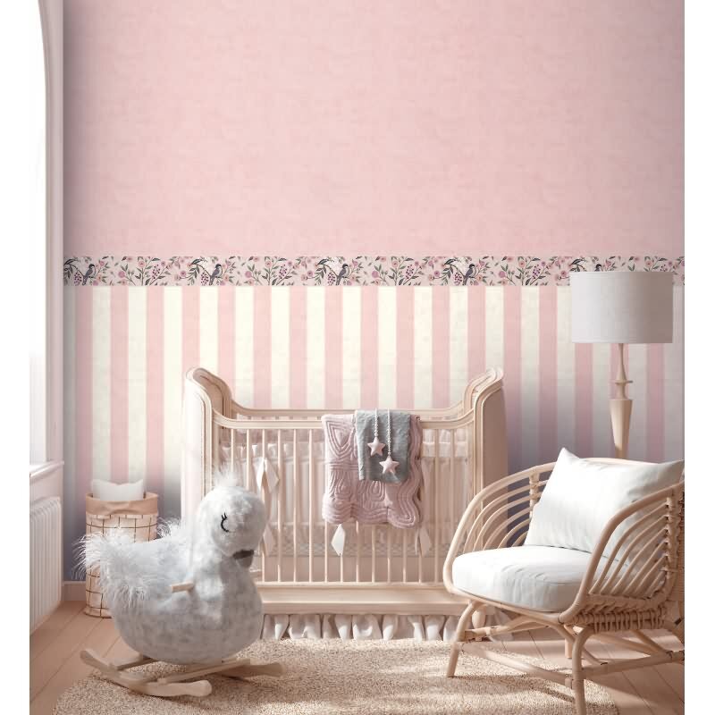 Tapetenbordüre Rosa Violett mit Vogel Blütenranke Naturmotiv Kinderzimmer Vlies-Borte Landhaus (771371)