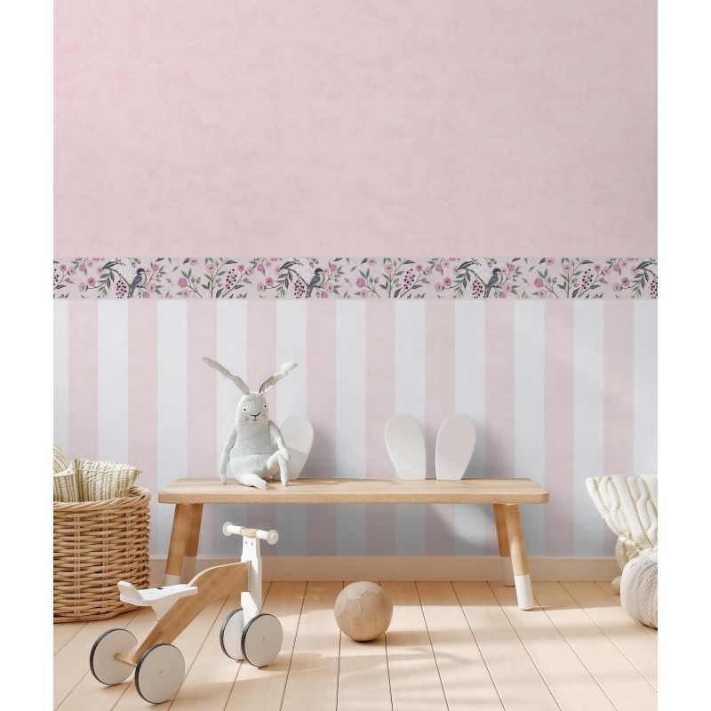 Tapetenbordüre Rosa Violett mit Vogel Blütenranke Naturmotiv Kinderzimmer Vlies-Borte Landhaus (771371)