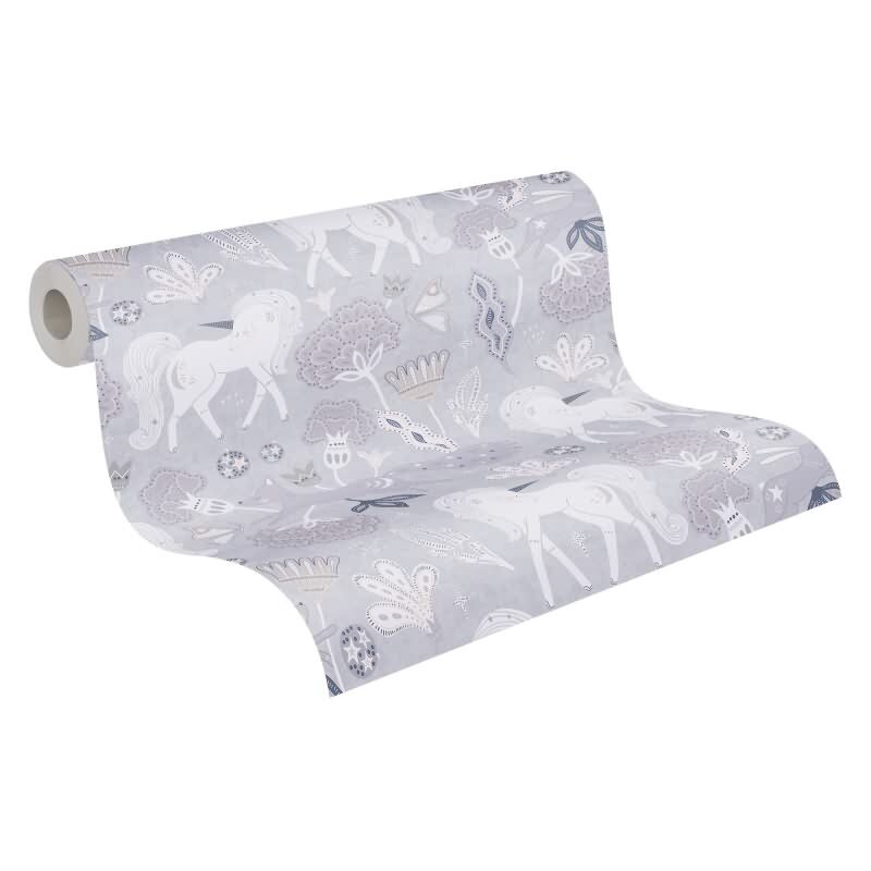 Einhorn-Tapete Grau Fantasie-Muster Vliestapete Mädchen Kinderzimmer (771381)