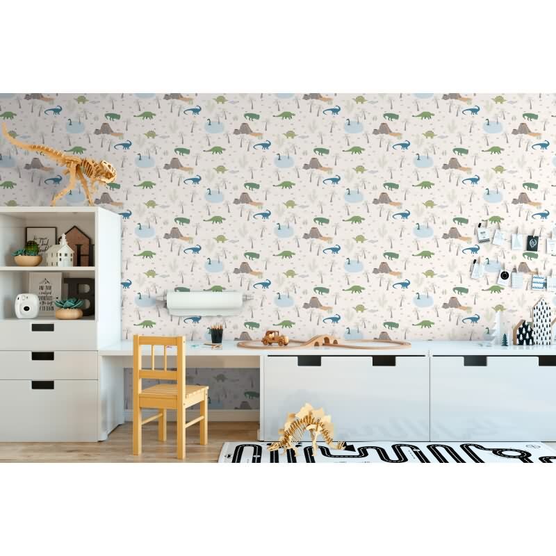 Dino Tapete Kinderzimmer Jungen Tapete Bunt Beige Grün Blau Vliestapete mit Vulkan und Dinosauriern (771401)