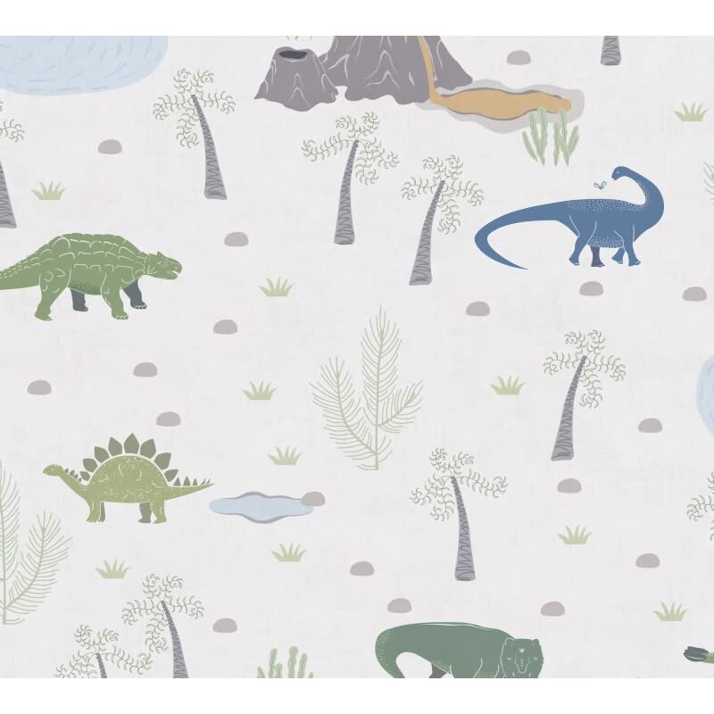 Dino Tapete Kinderzimmer Jungen Tapete Bunt Beige Grün Blau Vliestapete mit Vulkan und Dinosauriern (771401)